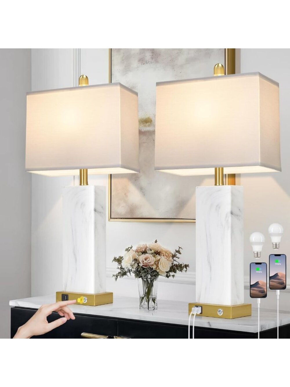 Set of 2 Modern White Ceramic Touch Control Lamps with USB Ports - 28.5” Tall